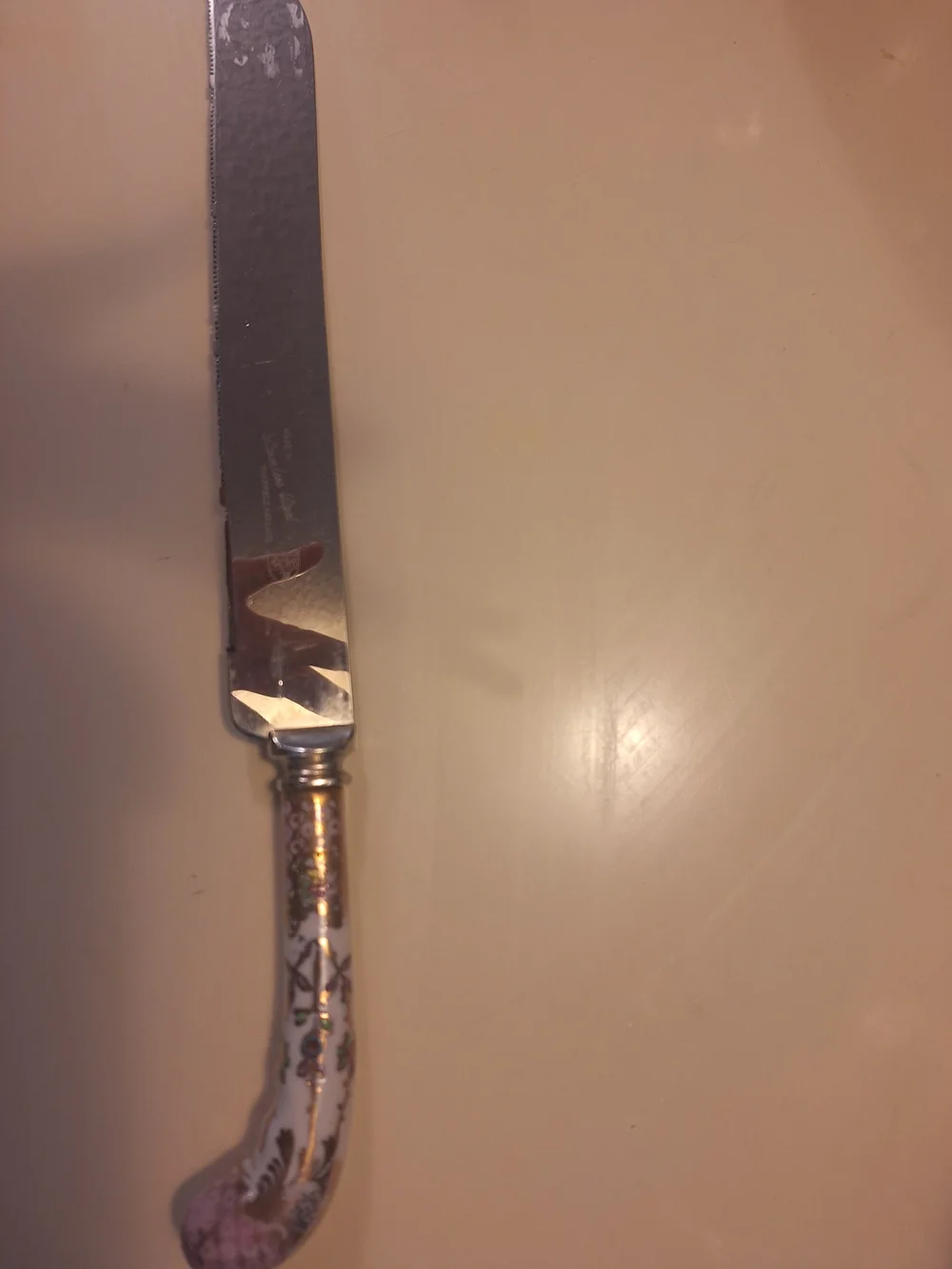 Sheffield England Stainless Cake Pie Bread Knife Floral Ceramic Porcelain Handle